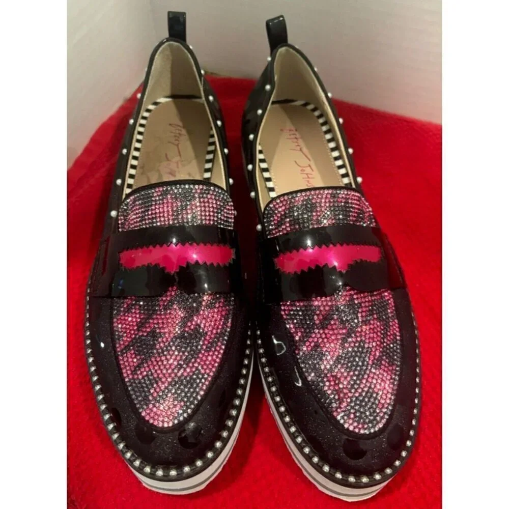 Betsey Johnson Pink and Black Houndstooth Patent Penny Loafers